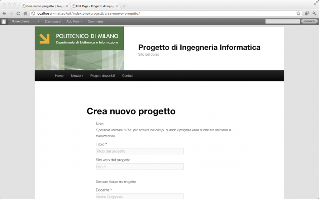 Form Nuovo Progetto